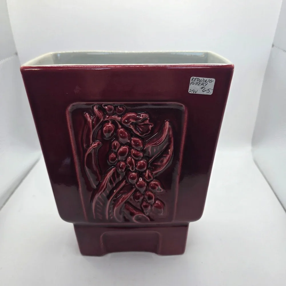 Vintage Red Wing Pottery B2001 Maroon Burgundy Floral Vase Planter MCM USA